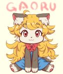  1girl :3 ahoge akuma_gaoru animal_ear_fluff beige_fur black_fur blonde_hair blue_dress bow character_name commentary_request dress furry futaba_channel long_hair looking_at_viewer pawpads red_bow red_eyes simple_background solo tail uzumi yellow_background 