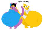  alphys anthro belly big_belly black_hair blue_highlights bottomless breasts buckteeth catty_(undertale) claws clothed clothing coat domestic_cat doublecatte duo english_text eyewear felid feline felis female fur glasses hair hand_on_face hand_on_stomach highlights_(coloring) huge_hips hyper hyper_belly hyper_pregnancy lab_coat looking_at_another mammal navel open_mouth open_smile overalls pregnant purple_body purple_fur reptile scales scalie signature smile teeth text thick_tail topwear undertale video_games wide_hips yellow_body yellow_scales yellow_sclera 