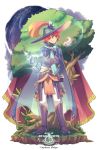  black_gloves blue_cape blue_headwear blue_scarf boots cape character_name copyright_name full_body gloves hat looking_at_animal lyre nekoichi orpheus_molpe pixiv_fantasia pixiv_fantasia_age_of_starlight red_eyes red_hair scarf smile staff_(music) standing tree 