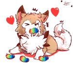  &lt;3 1:1 2017 accessory ambiguous_gender black_nose bow brown_body brown_fur canid canine chibi eyes_closed feral fur fuuookami holding_object inner_ear_fluff lycanroc mammal midday_lycanroc nintendo pink_inner_ear pok&eacute;bean pok&eacute;mon pok&eacute;mon_(species) rainbow ribbons simple_background solo spikes tail_bow tail_ribbon tuft video_games white_background white_body white_fur 