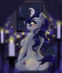  absurd_res angelic-doodles anthro anus big_breasts blush breasts butt casual_nudity cutie_mark ear_piercing ear_ring equid female friendship_is_magic genitals hi_res horn lit_candle looking_back mammal moon moonlight_raven_(mlp) my_little_pony night nipples nude piercing pussy sitting solo unicorn window yellow_eyes 