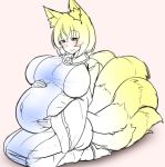  animal_humanoid belly big_belly big_breasts blonde_hair blush breasts canid canid_humanoid canine canine_humanoid clothed clothing dress female fluffy fluffy_tail fox_humanoid fully_clothed fur hair huge_breasts humanoid inner_ear_fluff kneeling light_skin mammal mammal_humanoid multi_tail navel outie_navel pink_background pregnant ran_yakumo seiza simple_background sitting smile solo tabard touhou tuft video_games white_clothing white_dress wildcatf14 yellow_body yellow_fur 