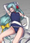 1girl aqua_hair arm_up blue_swimsuit bow breasts elbow_gloves eyebrows_visible_through_hair fate/grand_order fate_(series) flower gloves grin hair_bow hair_flower hair_ornament hibiscus kiyohime_(fate/grand_order) kiyohime_(swimsuit_lancer)_(fate) long_hair looking_at_viewer low-tied_long_hair lying medium_breasts on_back purutoppu_(toranohige) red_bow red_flower school_swimsuit shiny shiny_hair smile solo swimsuit very_long_hair white_gloves yellow_bow yellow_eyes 