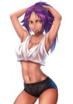 1girl armpits arms_up bangs black_shorts bleach breasts cleavage closed_mouth collarbone cowboy_shot crop_top dark_skin highres long_hair looking_at_viewer medium_breasts midriff mouth_hold navel parted_bangs purple_hair sakuya_(liao_kj) shihouin_yoruichi shiny shiny_hair shiny_skin shorts simple_background solo standing stomach sweat tank_top tying_hair white_background yellow_eyes 