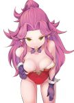  1girl :p amekosame angela_(seiken_densetsu_3) bare_shoulders breasts cleavage collarbone commentary_request earrings eyebrows_visible_through_hair gloves green_eyes jewelry large_breasts leotard leotard_pull long_hair looking_at_viewer medium_breasts nipples pointy_ears purple_hair red_leotard seiken_densetsu seiken_densetsu_3 simple_background smile solo tongue tongue_out white_background 