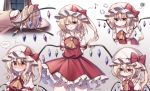  5girls angry blonde_hair blush bow collarbone crystal eyebrows_visible_through_hair flandre_scarlet gradient gradient_background hair_between_eyes hat multiple_girls musical_note one_eye_closed pudding_(skymint_028) red_bow red_skirt red_vest sad shirt side_ponytail signature skirt tears touhou vest white_headwear white_shirt wings yellow_neckwear 