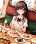  1girl :d bangs blueberry bow brown_hair cake cheesecake chocolate chocolate_cake collared_shirt commentary couch day dress_shirt eyebrows_visible_through_hair food fork fruit hair_ornament hairclip highres holding holding_fork holding_knife ice_cream indoors karu_(qqqtyann) knife long_hair looking_at_viewer mont_blanc_(food) on_couch open_mouth original pancake parfait plate red_bow red_eyes restaurant school_briefcase school_uniform shirt short_sleeves sitting slice_of_cake smile solo sparkle strawberry_shortcake sweater_vest table upper_body white_shirt window 