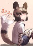  1girl african_wild_dog_(kemono_friends) african_wild_dog_print afterimage animal_ears bangs beige_background black_eyes black_hair blush brown_hair commentary dog_ears dog_tail eyebrows_visible_through_hair hair_between_eyes highres kemono_friends legwear_under_shorts long_sleeves looking_at_viewer multicolored_hair pantyhose print_legwear print_sleeves shirt short_hair short_over_long_sleeves short_sleeves shorts simple_background sitting solo sparkle tail tail_wagging takami_masahiro translated two-tone_hair white_shirt 