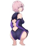  1girl absurdres ass bare_shoulders barefoot blush breasts commentary fate/grand_order fate_(series) feet from_behind frown gloves hair_over_one_eye highleg highleg_leotard highres kobaji large_breasts leotard looking_at_viewer mash_kyrielight purple_eyes purple_gloves revision short_hair simple_background solo squatting wedgie white_background 