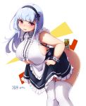  1girl apron azur_lane bangs black_hairband black_ribbon blue_hair blue_panties bow breasts can center_frills character_name copyright_name curvy deto dido_(azur_lane) dress dress_lift eyebrows_visible_through_hair frilled_apron frilled_dress frills hairband highres huge_breasts light_blue_hair long_hair looking_at_viewer maid maid_apron maid_dress object_on_ass open_mouth panties panty_pull pink_eyes ribbon skindentation solo thick_thighs thighhighs thighs twitter_username underboob underboob_cutout underwear white_apron white_background white_bow white_legwear 
