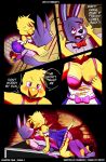  anthro avian bird blush bonnie_(fnaf) bra breasts chica_(fnaf) chicken clothing comic couple_(romantic) dress duo english_text feathers female five_nights_at_freddy&#039;s galliform gallus_(genus) hi_res kissing lagomorph leporid love male male/female mammal nipples panties phasianid rabbit tail_feathers text underwear vertix video_games 