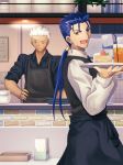  2boys :d apron archer black_apron black_shirt blue_hair cake closed_mouth collared_shirt cu_chulainn_(fate)_(all) drinking_straw emiya-san_chi_no_kyou_no_gohan fate_(series) food frown glass hair_tubes hand_on_hip highres holding holding_plate indoors lancer long_hair long_sleeves looking_at_viewer low_ponytail male_focus migiha multiple_boys one_eye_closed open_mouth plate red_eyes shiny shiny_hair shirt silver_hair sleeves_rolled_up smile spiked_hair white_shirt wing_collar 