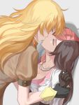  2girls black_gloves blonde_hair breasts brown_hair brown_shirt cleavage closed_eyes collarbone french_kiss gloves grey_background head_tilt highres jacket jewelry kiss long_hair long_sleeves medium_breasts multicolored_hair multiple_girls necklace neo_politan pink_hair rwby shiny shiny_hair shirt short_sleeves tl two-tone_hair very_long_hair white_jacket wrist_grab yang_xiao_long yuri 