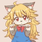  1girl ahoge akuma_gaoru animal_ear_fluff animal_ears animal_nose beige_fur black_fur blonde_hair blue_dress blush bow commentary_request dress furry futaba_channel long_hair looking_at_viewer paw_pose pawpads red_bow red_eyes solo tail two-tone_fur upper_body uzumi 