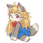  1girl :&lt; ahoge akuma_gaoru animal_ear_fluff animal_ears animal_nose beige_fur blonde_hair blue_dress blush bow claws commentary_request dress eyebrows_visible_through_hair furry futaba_channel grey_fur long_hair looking_at_viewer one_eye_closed partial_commentary pawpads red_bow red_eyes simple_background sitting solo tail two-tone_fur uzumi white_background 