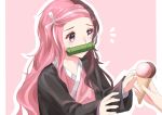  1girl brown_eyes brown_hair cosplay food hair_ribbon haori heterochromia highres ice_cream japanese_clothes kamado_nezuko kamado_nezuko_(cosplay) kimetsu_no_yaiba kimono long_hair long_sleeves multicolored_hair neo_politan pink_eyes pink_hair pink_kimono ribbon rwby shiny shiny_hair sketch tears tl two-tone_hair upper_body very_long_hair white_ribbon 