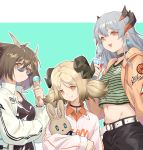  3girls :q absurdres alternate_costume arknights belt black_choker black_shirt black_shorts blonde_hair brown_hair casual choker crop_top crop_top_overhang cup disposable_cup dragon_horns earrings food green_shirt groin highres holding horns ice_cream ifrit_(arknights) jacket jewelry jiusan_naitan long_hair looking_at_viewer low_twintails midriff multiple_girls navel open_clothes open_jacket open_mouth orange_eyes orange_jacket red_eyes saria_(arknights) shirt short_hair shorts silence_(arknights) silver_hair smile stomach striped striped_shirt stuffed_animal stuffed_bunny stuffed_toy sunglasses tongue tongue_out twintails upper_body white_jacket white_shirt 