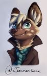  2020 african_wild_dog anthro blue_eyes brown_body brown_fur bust_portrait canid canine cheek_tuft clothed clothing coat english_text facial_tuft fur grin head_tuft hi_res inner_ear_fluff light lighting mammal milo_(juantriforce) neck_tuft portrait s1m scarf smile solo tan_body tan_fur text topwear tuft 