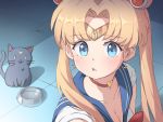  1girl bishoujo_senshi_sailor_moon blonde_hair blue_eyes blue_sailor_collar breasts cat chami_(pixiv15867443) choker circlet cleavage collarbone crescent crescent_earrings double_bun earrings eyebrows_visible_through_hair heart heart_choker highres jewelry long_hair looking_at_viewer luna_(sailor_moon) red_choker sailor_collar sailor_moon sailor_moon_redraw_challenge sailor_senshi sailor_senshi_uniform tsukino_usagi twintails upper_body 