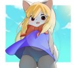  1girl :3 akuma_gaoru animal_ears animal_nose black_fur blonde_hair blue_dress blush bow cloud commentary_request cowboy_shot dress eyebrows_visible_through_hair fangs furry futaba_channel long_hair looking_at_viewer open_mouth red_bow red_eyes school_swimsuit sky smile solo sunlight swimsuit tail uripi white_fur 