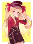  1girl bangs black_headwear black_skirt blonde_hair border bow breasts closed_mouth contemporary ereshkigal_(fate/grand_order) fate/grand_order fate_(series) hair_bow hand_in_hair hat highres long_hair long_sleeves looking_at_viewer parted_bangs peaked_cap red_bow red_eyes red_shirt revision shirt skirt small_breasts smile solo two_side_up white_border yellow_background zenshin 