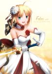  1girl 2018 2019 :d ahoge artoria_pendragon_(all) bangs blonde_hair breasts cleavage copyright_name dated dress elbow_gloves excalibur eyebrows_visible_through_hair fate/stay_night fate_(series) flower gloves green_eyes hair_flower hair_ornament highres holding holding_sword holding_weapon medium_breasts migiha open_mouth saber short_hair sleeveless sleeveless_dress smile solo standing strapless strapless_dress sword weapon white_background white_dress white_flower white_gloves 