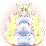  animal_humanoid belly big_belly big_breasts blonde_hair blush breasts canid canid_humanoid canine canine_humanoid clothed clothing dipstick_tail dress female fluffy fluffy_tail fox_humanoid fully_clothed fur hair holding_belly humanoid inner_ear_fluff kneeling light_skin looking_at_viewer mammal mammal_humanoid multi_tail multicolored_tail open_mouth open_smile pink_background pregnant ran_yakumo seiza simple_background sitting smile solo tabard tight_clothing touhou tuft video_games white_clothing white_dress wildcatf14 yellow_body yellow_eyes yellow_fur 