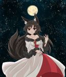 1girl :3 animal_ears black_frills black_hair brooch brown_eyes chups closed_mouth dress eyebrows_visible_through_hair fingernails frilled_dress frilled_sleeves frills highres imaizumi_kagerou jewelry long_fingernails long_hair long_sleeves looking_at_viewer moon night off-shoulder_dress off_shoulder outdoors red_nails solo tail touhou white_dress wide_sleeves wolf_ears wolf_tail 