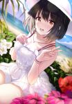  1girl :d bangs beach black_hair blue_sky blush bracelet breasts bush cleavage cloud collarbone dress flower hand_on_own_chest hat hibiscus idolmaster idolmaster_cinderella_girls idolmaster_cinderella_girls_starlight_stage jewelry large_breasts looking_at_viewer necklace ocean open_mouth outdoors red_flower short_hair sitting sky sleeveless sleeveless_dress smile solo sun_hat takafuji_kako toho_(kihon_ha_yappa) v water white_dress white_flower white_headwear yellow_eyes 