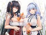  2girls alternate_costume apron azur_lane bangs bare_shoulders black_hair black_hairband blush breasts carrot center_frills choker cleavage covered_nipples dido_(azur_lane) dress earrings eyebrows_visible_through_hair frilled_apron frilled_choker frills hair_between_eyes hair_ornament hair_scrunchie hairband heart heart_earrings huge_breasts jewelry lace-trimmed_hairband large_breasts long_hair looking_at_viewer maid maid_apron maid_dress mamemena multiple_girls open_mouth paizuri_invitation purple_eyes red_corset red_eyes red_nails scrunchie sexually_suggestive side_ponytail silver_hair sleeveless taihou_(azur_lane) underboob underboob_cutout very_long_hair waist_apron white_apron white_legwear 