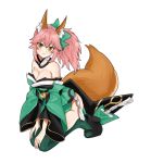  1girl animal_ear_fluff animal_ears bow fate/extra fate/extra_ccc fate_(series) fox_ears fox_girl fox_tail green_bow green_kimono green_legwear hair_bow japanese_clothes kimono long_hair merokonbu0 obi pink_hair sash seiza simple_background sitting solo tail tamamo_(fate)_(all) thighhighs white_background wide_sleeves yellow_eyes 