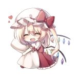  blanket blonde_hair blush bow closed_eyes collarbone crystal dress eyebrows_visible_through_hair flandre_scarlet gradient gradient_background hair_between_eyes hat heart highres hug pudding_(skymint_028) red_bow red_eyes red_skirt red_vest shirt side_ponytail signature skirt smile touhou vest white_headwear white_shirt wings yellow_neckwear 
