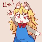  1girl :3 ahoge akuma_gaoru animal_ear_fluff artist_request beige_background black_fur blonde_hair blue_dress blush bow claws commentary_request cowboy_shot dress eyebrows_visible_through_hair fangs furry futaba_channel long_hair open_mouth pawpads red_bow red_eyes simple_background solo tail two-tone_fur white_fur 