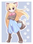  1girl :3 akuma_gaoru animal_ear_fluff animal_ears animal_nose beige_fur black_fur blonde_hair blue_background blue_dress blush bow commentary_request crossed_arms digitigrade dress full_body furry futaba_channel gachirin_(mint0527) hair_between_eyes long_hair looking_at_viewer older outline paw_print pink_bow pink_eyes simple_background smug solo standing tail teenage 