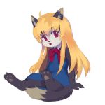  1girl :3 ahoge akuma_gaoru animal_ears animal_nose black_fur blonde_hair commentary_request digitigrade eyebrows_visible_through_hair furry futaba_channel jillcy long_hair looking_at_viewer open_mouth pawpads red_eyes simple_background sitting solo tail two-tone_fur white_background white_fur 