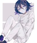  1boy absurdres aithia arm_between_legs black_hair closed_mouth collarbone danganronpa_(series) danganronpa_v3:_killing_harmony expressionless flipped_hair grey_background hair_between_eyes highres knees_up looking_at_viewer male_focus multicolored_hair oma_kokichi pale_skin purple_eyes purple_footwear purple_hair short_hair simple_background sitting solo straitjacket thigh_strap two-tone_background two-tone_hair white_background 