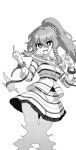  1girl frilled_skirt frills ghost_tail greyscale hair_between_eyes hair_tubes highres long_hair middle_finger miyadeguchi_mizuchi monochrome onkn_sxkn open_mouth ponytail sharp_teeth shirt sidelocks simple_background skirt smile solo striped_clothes striped_shirt striped_skirt teeth touhou white_background 