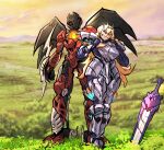  1boy 1girl absurdres armor barghest_(fate) bionicle blonde_hair blue_eyes blue_gloves commission fate/grand_order fate_(series) fingerless_gloves gloves hair_between_eyes head_tilt highres icarax_(bionicle) lifting_person long_hair mechanical_wings red_eyes second-party_source specter_l sword the_lego_group v-shaped_eyebrows very_long_hair weapon wings 