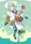  1girl apple bag cloak coat creature diamond_mouth food fruit green_background green_hair holding holding_creature hood hooded_coat ivy_(saijaku_tamer) leather_bag potion saijaku_tamer_wa_gomi_hiroi_no_tabi_wo_hajimemashita shoulder_bag simple_background slime_(creature) sora_(saijaku_tamer) user_ktgj5528 white_cloak white_coat 