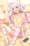  1boy absurdres bedroom blue_hair blush bow cardigan crossdressing fang full_body hair_between_eyes hair_bow hair_intakes hair_ornament highres inuyama_tamaki kneehighs knees_up len_tako long_hair looking_at_viewer male_focus noripro on_bed open_mouth otoko_no_ko pajamas phone pink_bow sitting skin_fang smile socks solo striped_clothes striped_socks two_side_up virtual_youtuber yellow_bow 