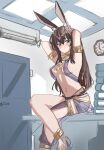 amiya_(arknights) animal_humanoid arknights biped blush brown_hair clothing crossed_legs digital_media_(artwork) female furniture hair hands_behind_head hi_res humanoid hypergryph jewelry lagomorph lagomorph_humanoid long_hair looking_at_viewer mammal mammal_humanoid office rabbit_ears sitting smile solo studio_montagne table translucent translucent_clothing whate=3r