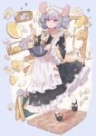  1girl :&lt; animal_ears apron black_dress black_footwear blue_background blush bow bowl brick_floor cheese commentary cooking daisy dress flower food frilled_apron frills fruit grey_hair hair_bow highres holding holding_bowl holding_whisk lemon lemon_slice long_sleeves looking_at_viewer maid_headdress mouse_ears mouse_tail original petals pink_bow red_eyes salt shelf short_hair simple_background socks standing standing_on_one_leg tail tsukumi_bis whisk white_apron white_flower white_socks window 
