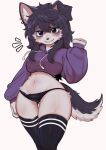 2024 5_fingers acorn_furry anthro black_body black_fur black_hair blush breasts canid canine canis claws clothed clothing cropped_hoodie digital_media_(artwork) domestic_dog ear_piercing ear_ring emanata female female_anthro finger_claws fingers floppy_ears fur grey_eyes hair hi_res kemono legwear looking_at_viewer mammal panties pantsless piercing portrait ring_piercing simple_background solo tail thigh_highs three-quarter_portrait underwear white_background white_body white_fur