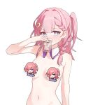 1girl asta_(honkai:_star_rail) blue_eyes blush breasts censored commentary completely_nude detached_collar highres holding honkai:_star_rail honkai_(series) jambujok lanyard long_hair looking_at_viewer medium_breasts navel novelty_censor nude one_side_up pink_hair simple_background stomach upper_body very_long_hair white_background 