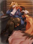 absurd_res anthro big_breasts bodily_fluids bra breasts bunnywhiskerz canid canine chair clothing drooling female fox furniture hi_res legwear mammal office office_chair remillia_pherotas_(digi5) saliva solo stockings thick_thighs torn_clothing torn_legwear torn_stockings underwear