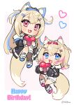  2girls :d absurdres animal_ear_fluff animal_ears asymmetrical_legwear black_jacket blonde_hair blue_eyes blue_hair blue_hairband chibi english_text fuwawa_abyssgard fuwawa_abyssgard_(1st_costume) hair_ornament hairband hairclip happy_birthday heart highres hololive hololive_english jacket mococo_abyssgard mococo_abyssgard_(1st_costume) multicolored_hair multiple_girls multiple_tails open_mouth pink_eyes pink_hair pink_hairband red_hairband shibedraws shoes shorts siblings sisters smile streaked_hair tail twins twitter_username two_side_up virtual_youtuber white_background white_shorts 
