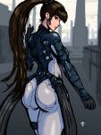 1girl absurdres ass black_gloves bodysuit brown_eyes brown_hair english_commentary eve_(stellar_blade) gloves hand_up highres long_hair looking_at_viewer looking_back outdoors parted_lips pixel_art signature smile solo stellar_blade terrybrogard two-tone_bodysuit very_long_hair 