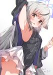  1girl absurdres animal_ear_fluff animal_ears anno_(yukikaze_08) arm_up armpits ass black_dress black_jacket blue_archive blush body_writing breasts brown_eyes china_dress chinese_clothes clothes_lift dress grey_hair halo highres jacket jacket_lift kokona_(blue_archive) long_hair looking_at_viewer miniskirt multicolored_hair open_mouth sideboob skirt sleeveless sleeveless_dress small_breasts solo streaked_hair striped_clothes striped_dress thighs tiger_ears tiger_girl very_long_hair white_skirt 