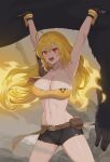  1girl ahoge armpits arms_up belt black_shorts blonde_hair breasts brown_belt cleavage highres holding large_breasts long_hair looking_at_viewer midriff monster navel open_mouth red_eyes rwby shorts solo stomach teeth torn_clothes torn_shorts upper_teeth_only wangxiii yang_xiao_long 