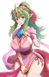  1girl bracelet breasts circlet dress fire_emblem gonzarez green_eyes green_hair highres jewelry large_breasts long_bangs long_hair open_mouth pink_dress pointy_ears ponytail simple_background solo tiki_(adult)_(fire_emblem) tiki_(fire_emblem) white_background wide_hips 